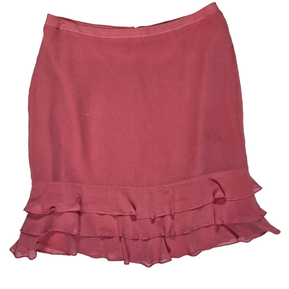 Express Pink 100% Silk Pencil Skirt Sz 6 Tier Ruffle Hem Lined Barbie Workwear